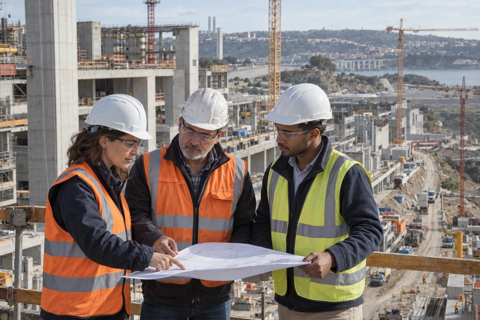Equipa de profissionais numa reunião de preparação em obra.